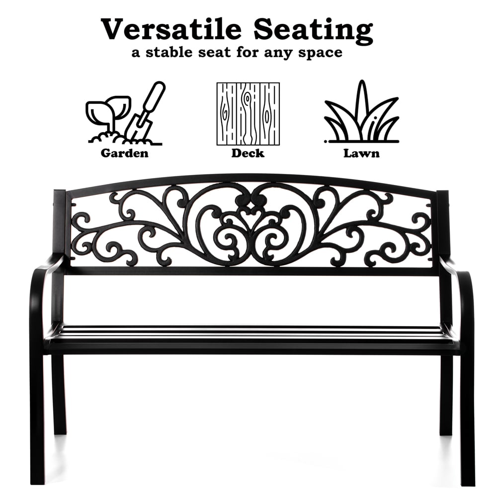Gardenised Black Patio Garden Park Yard 50 in. Outdoor Steel Bench Powder Coated with Cast Iron Back Image 5