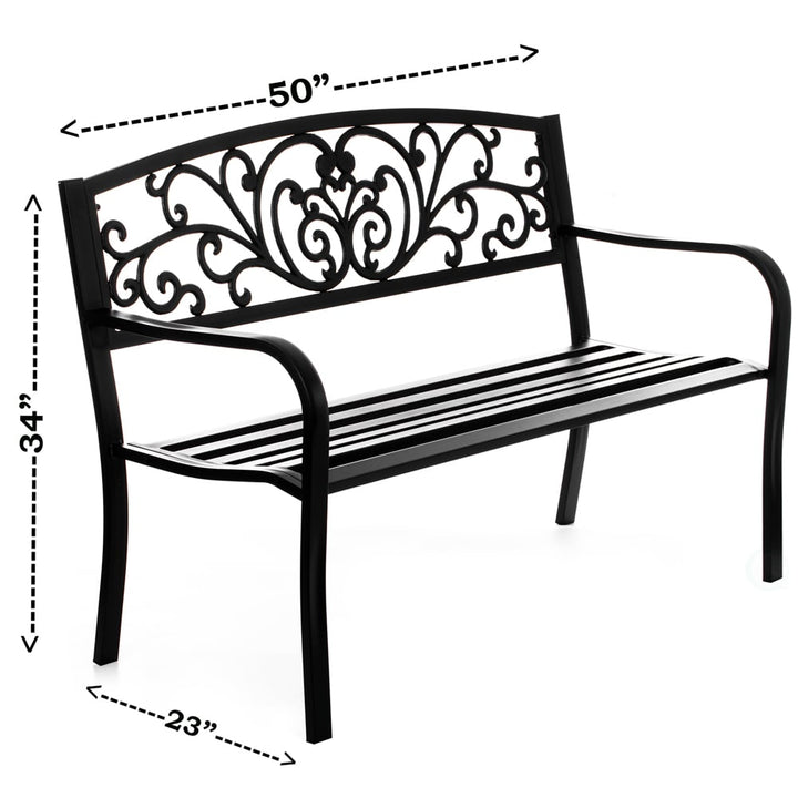 Gardenised Black Patio Garden Park Yard 50 in. Outdoor Steel Bench Powder Coated with Cast Iron Back Image 6