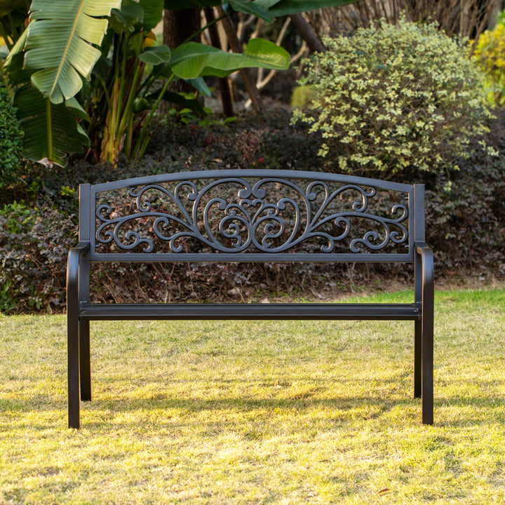Gardenised Black Patio Garden Park Yard 50 in. Outdoor Steel Bench Powder Coated with Cast Iron Back Image 9