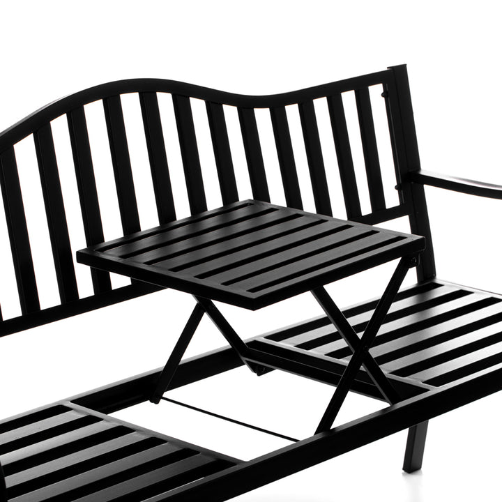 Outdoor Park Bench Steel with Pop Up Table 59in Durable Garden Yard Patio Seating Image 11