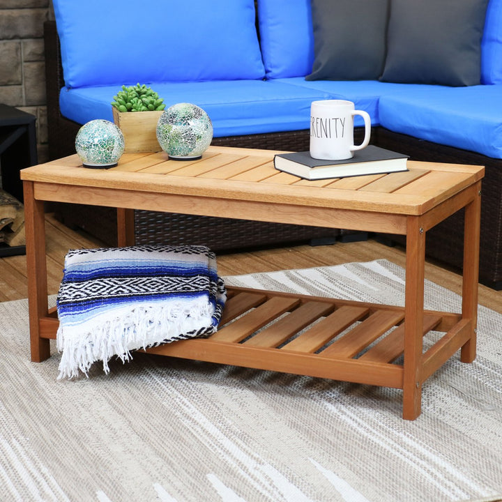 Sunnydaze 35.25 in Meranti Wood Rectangular Patio Coffee Table with Shelf Image 5