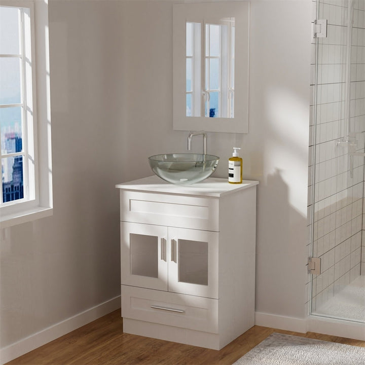 Exbrite 24 in.W x 19 in.D x 32.3 in.H White Wooden Minimalist Bathroom Cabinet Vanity with Mirrors,Single Floor Image 1