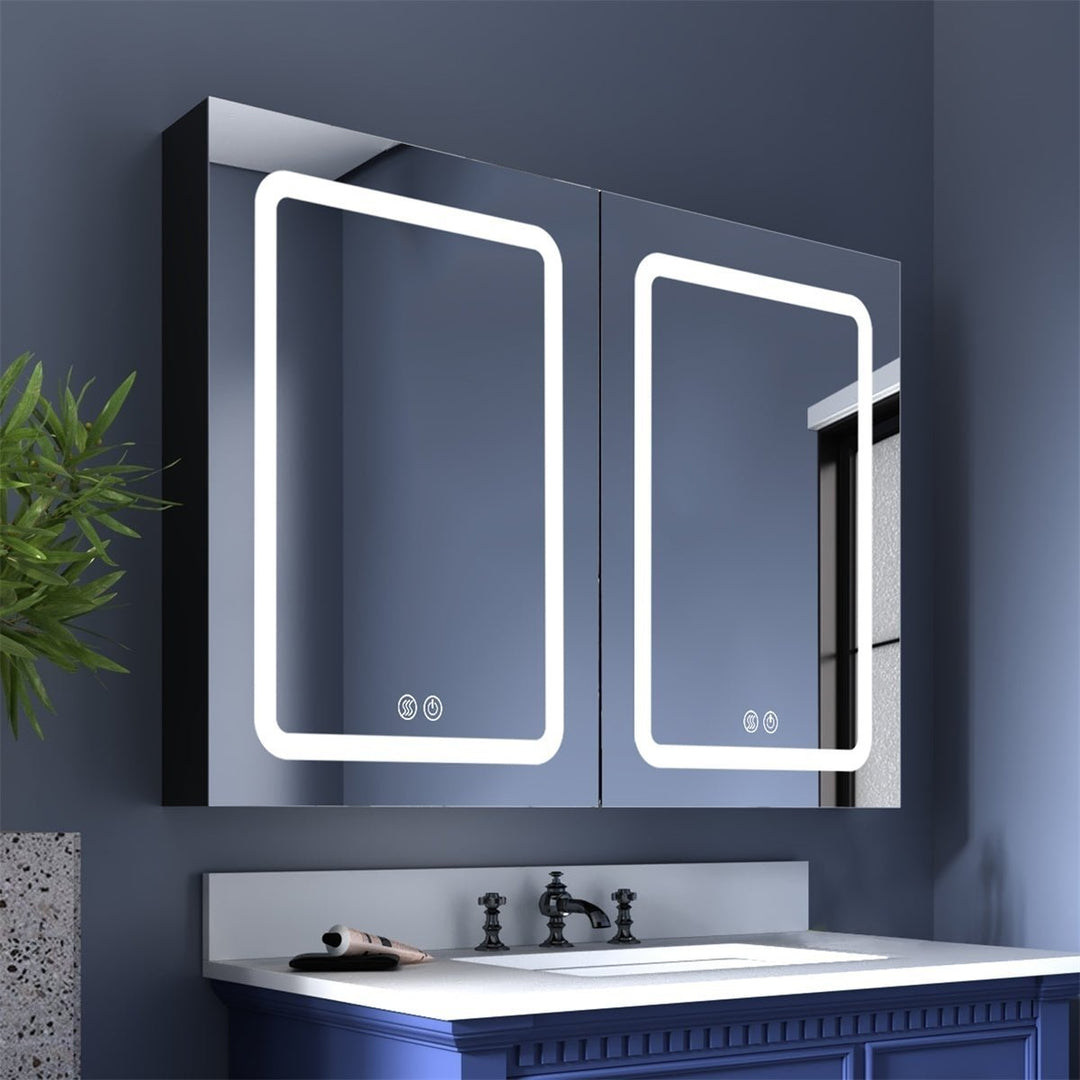 ExBrite LED Bathroom Medicine Cabinet 40x30 Black Aluminium Lighted Double Door Image 1