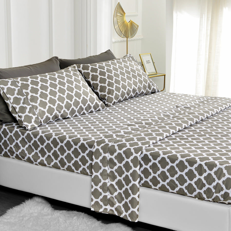 American Home Collection Ultra Soft 4-6 Piece Gray Quatrefoil Printed Bed Sheet Set Image 1