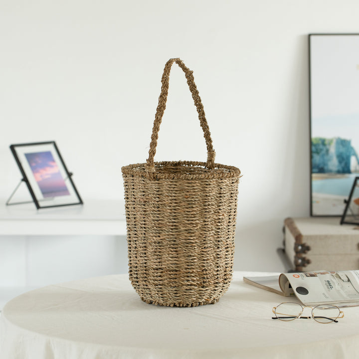 Natural Seagrass Storage Basket 9.5" Round with Handles for Home Organization Image 5