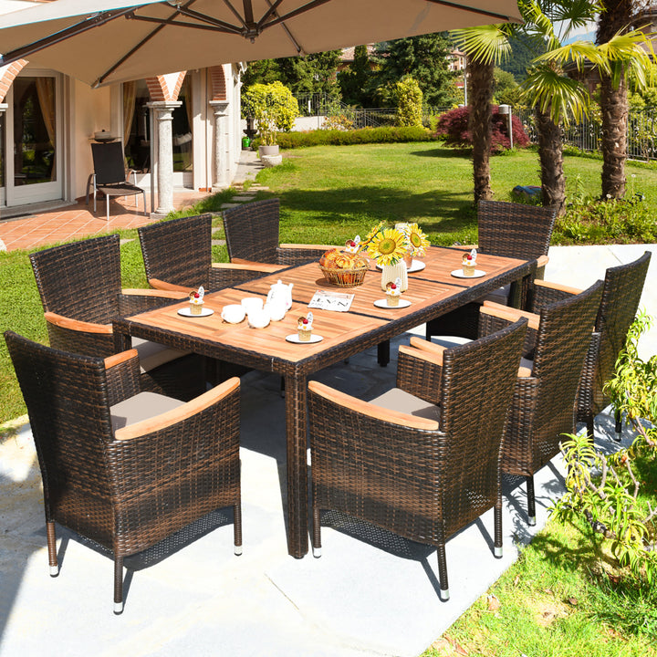 9PCS Rattan Patio Dining Set w/ 8 Stackable Cushioned Chairs Wooden Tabletop Image 4