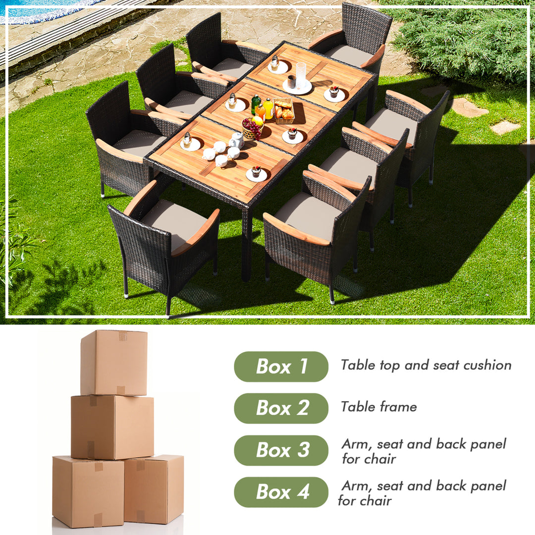 9PCS Rattan Patio Dining Set w/ 8 Stackable Cushioned Chairs Wooden Tabletop Image 8