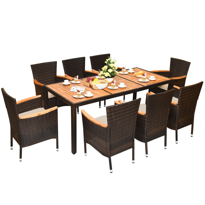 9PCS Rattan Patio Dining Set w/ 8 Stackable Cushioned Chairs Wooden Tabletop Image 2