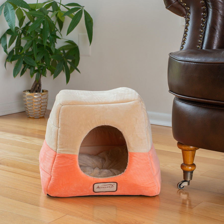 Armarkat Cat Bed C07 Covered Orange Beige Waterproof Soft Velvet 13.5 inches Image 1