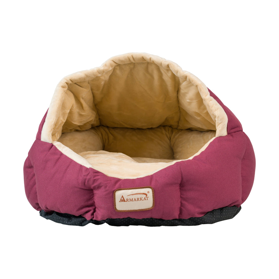 Armarkat C08 Cat Bed Small Indoor Pet Bed Beige Burgundy Waterproof Machine Washable Image 1