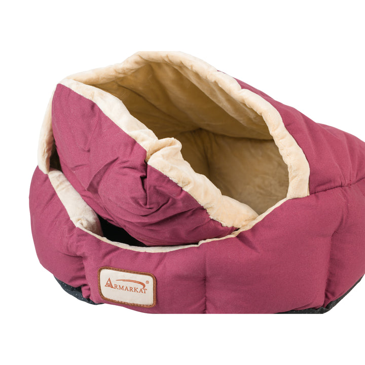 Armarkat C08 Cat Bed Small Indoor Pet Bed Beige Burgundy Waterproof Machine Washable Image 3