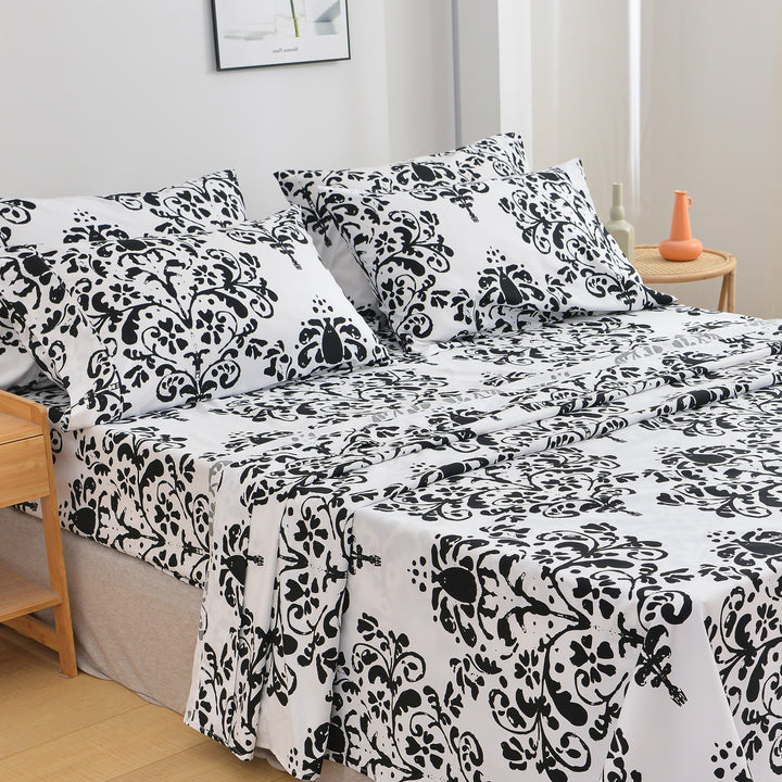 American Home Collection Ultra Soft 4-6 Piece Black and White Damask Bed Sheet Set Image 1