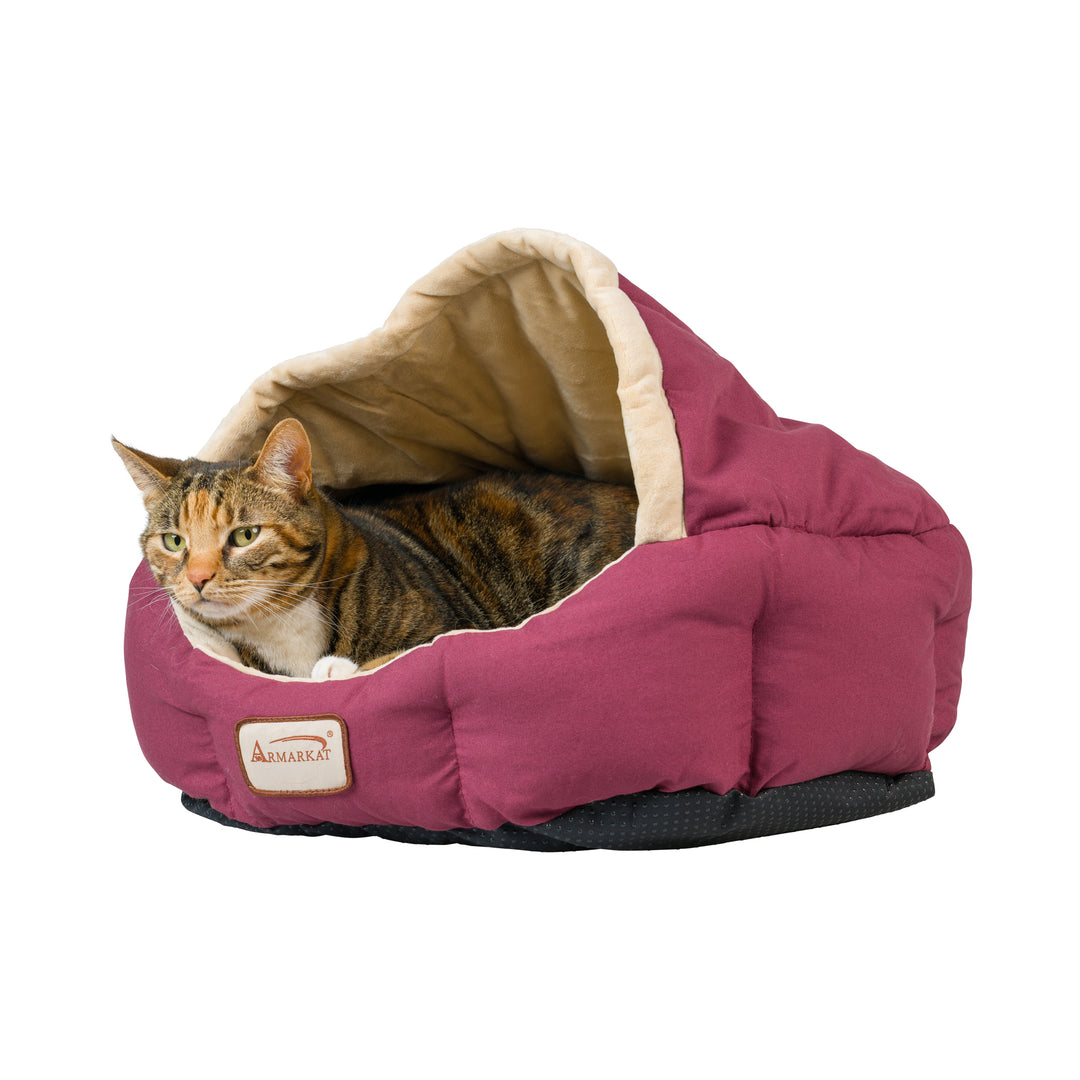 Armarkat C08 Cat Bed Small Indoor Pet Bed Beige Burgundy Waterproof Machine Washable Image 6