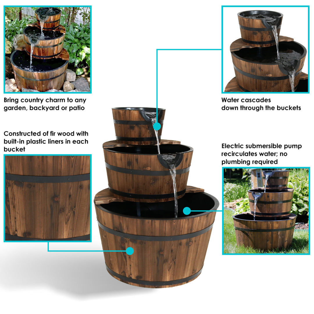 Sunnydaze Rustic 3-Tier Wooden Fir Barrel-Style Water Fountain - 30 in Image 2