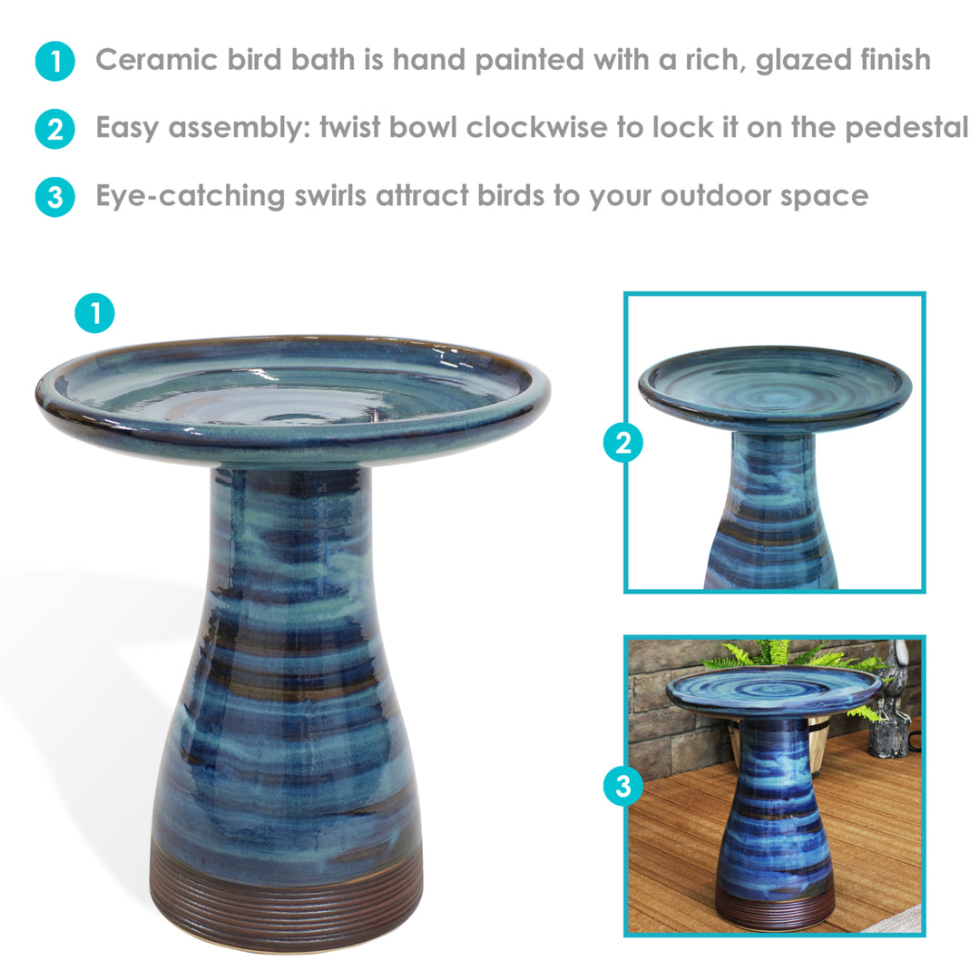 Duo-Tone Outdoor Glazed Ceramic Bird Bath - 20.5 in - Galaxy Blue by Sunnydaze Image 4