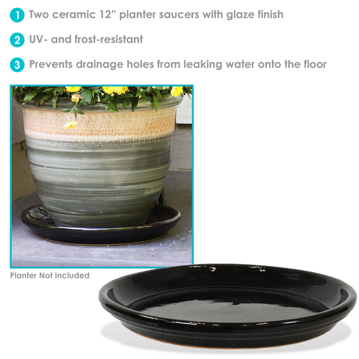 Sunnydaze Glazed Ceramic Planter Saucers - 12" - Obsidian - Set of 2 Image 2