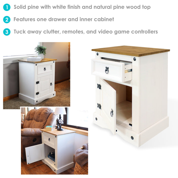 Sunnydaze Solid Pine End Table with Drawer and Door - White - 26 in Image 2