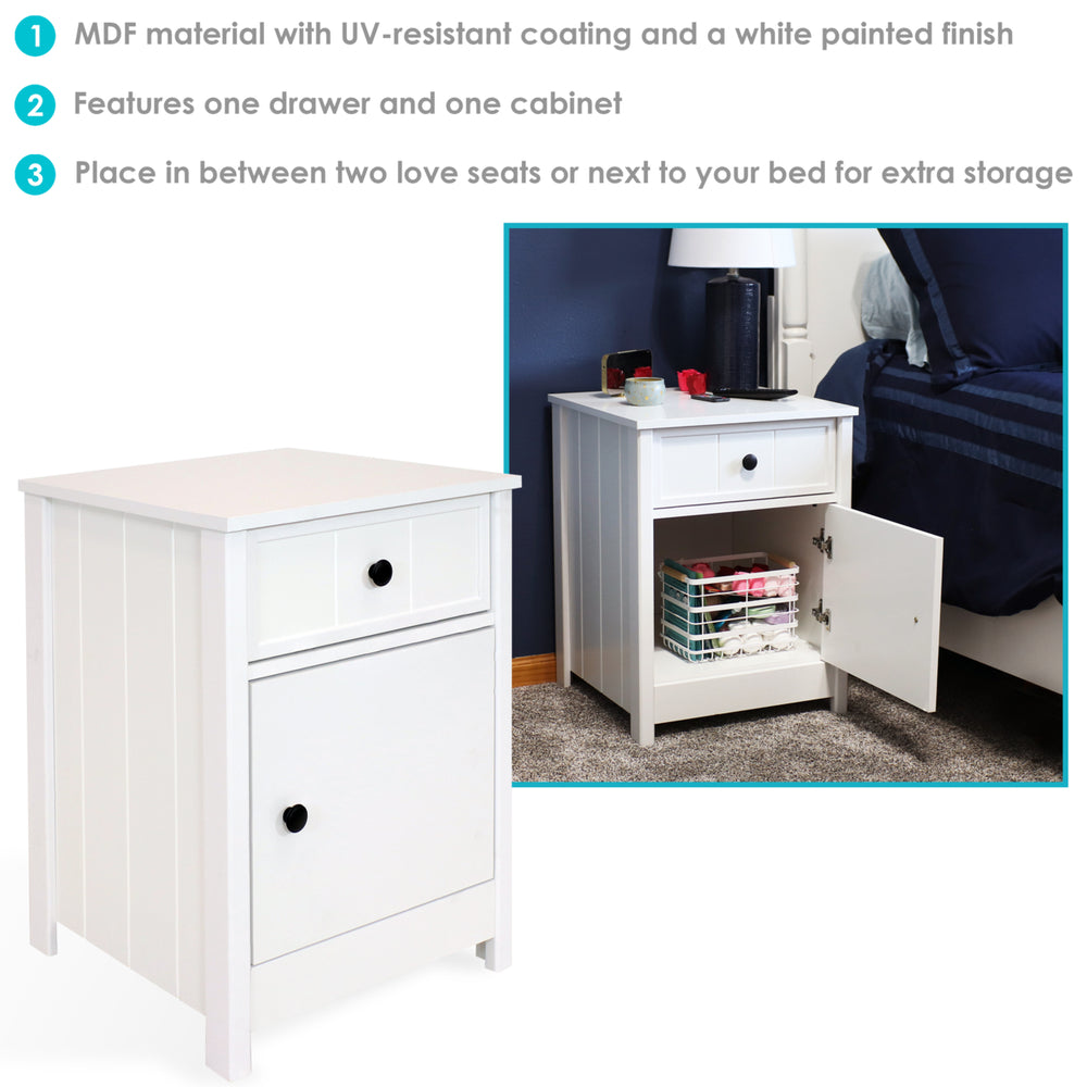 Sunnydaze Beadboard Side Table with Drawer and Cabinet - White - 23.75in Image 2