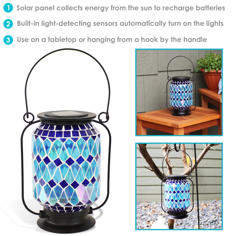 Sunnydaze Cool Blue Mosaic Glass Outdoor Solar LED Lantern - 8 in Image 2