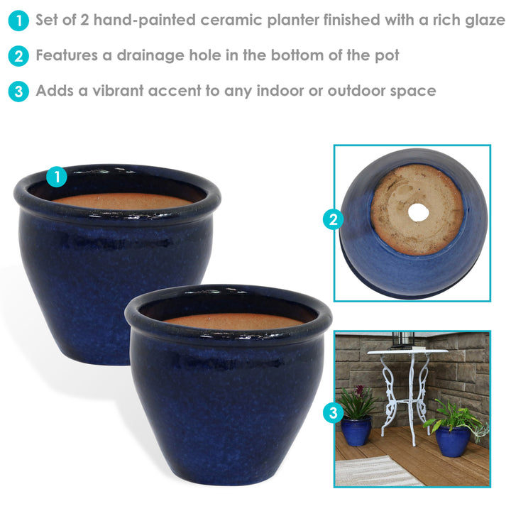 Sunnydaze 9 in Chalet Glazed Ceramic Planter - Imperial Blue - Set of 2 Image 2