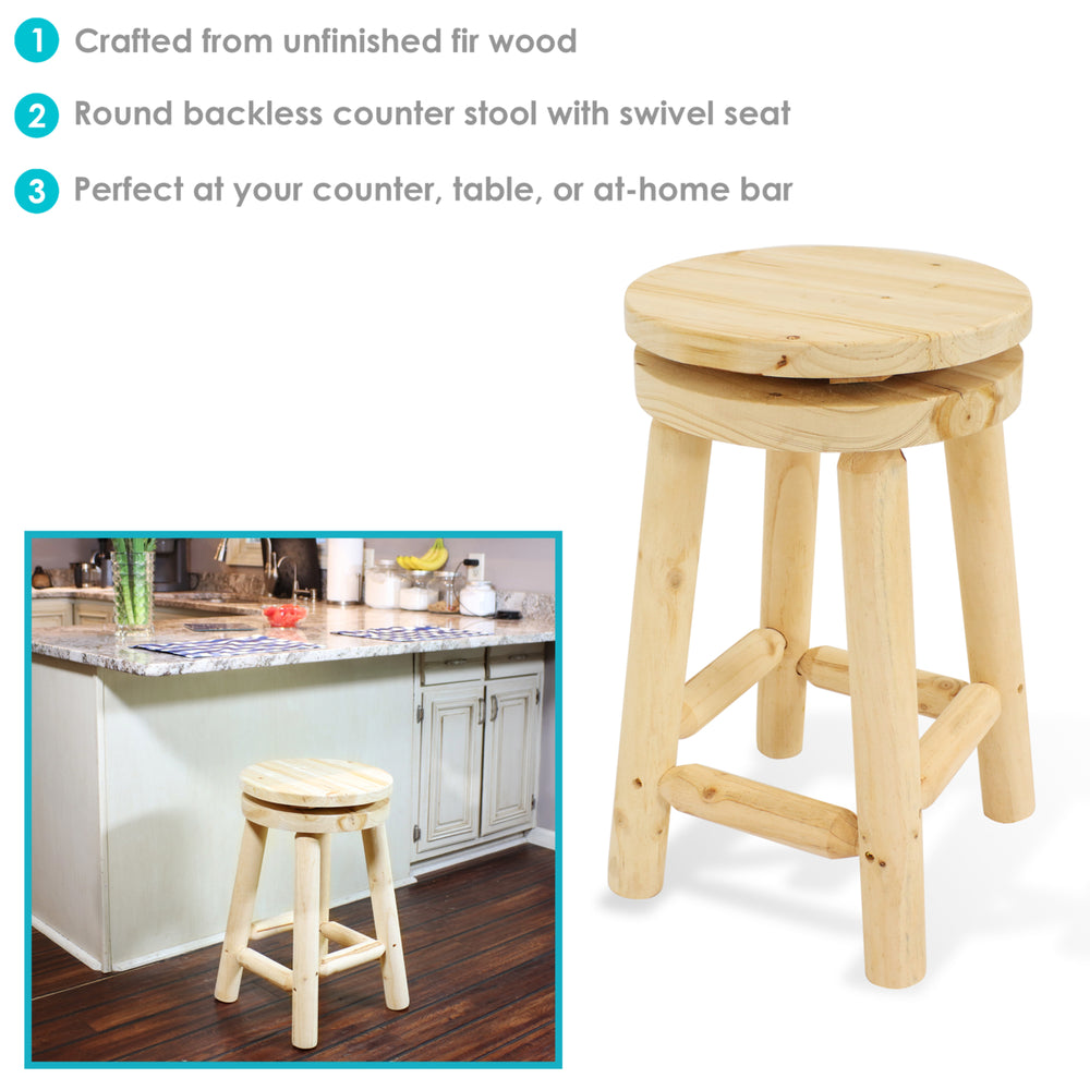 Sunnydaze Rustic Unfinished Fir Wood Indoor Swivel Counter-Height Stool Image 2