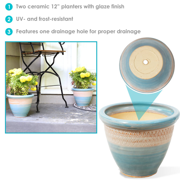 Sunnydaze Purlieu Ceramic Planter - 12" - Shoreline - Set of 2 Image 2