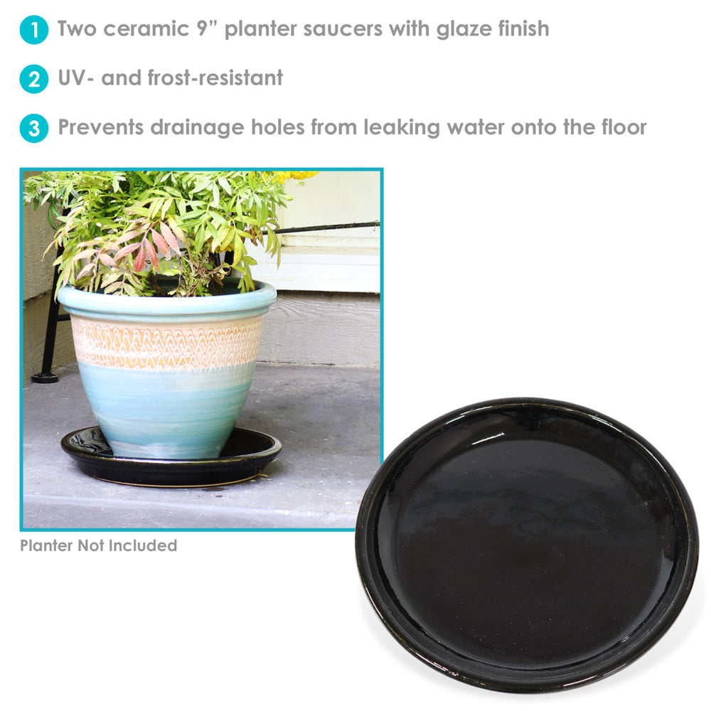 Sunnydaze Glazed Ceramic Planter Saucers - 9" - Obsidian - Set of 2 Image 2