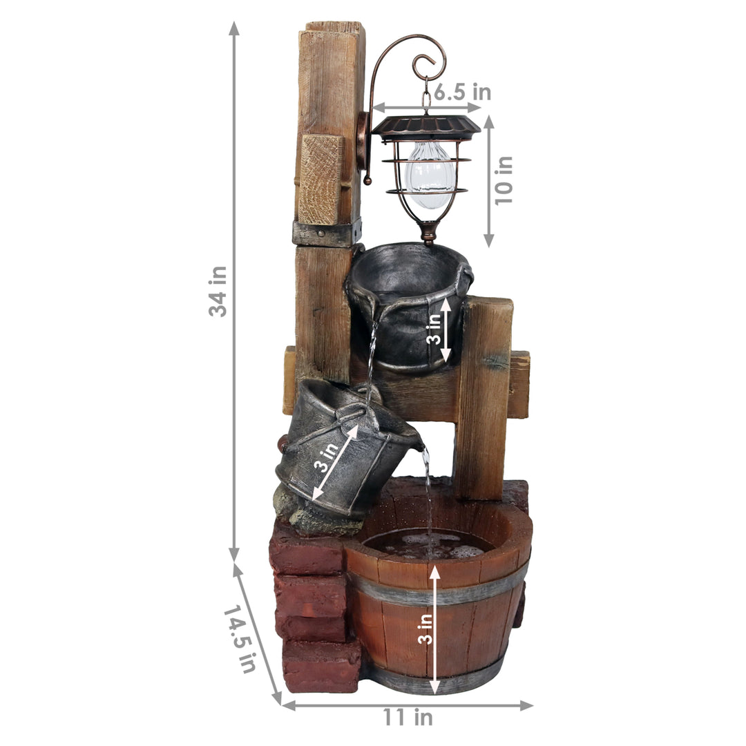 Sunnydaze Rustic Pouring Buckets Water Fountain and Solar Lantern - 34 in Image 3