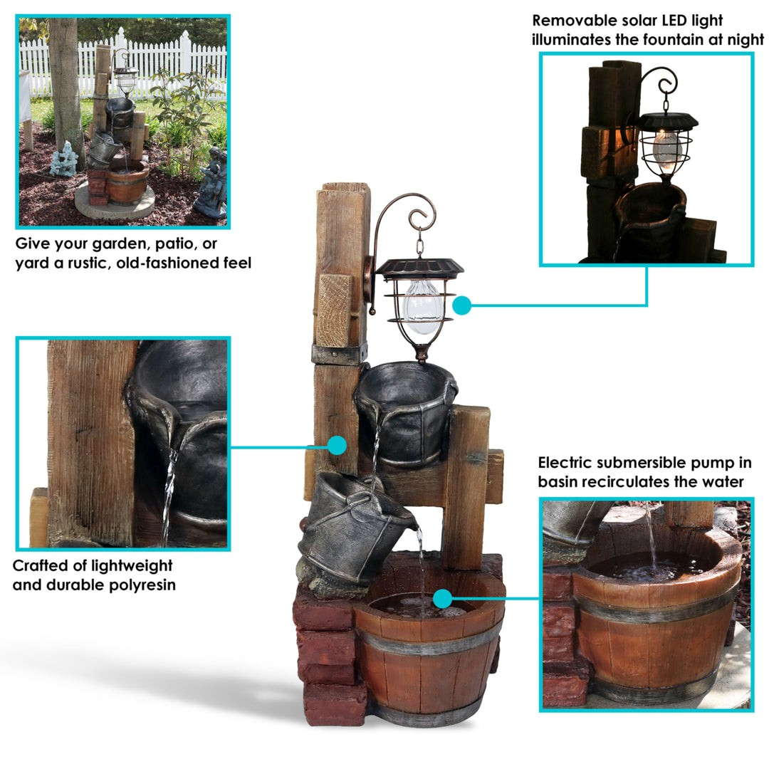 Sunnydaze Rustic Pouring Buckets Water Fountain and Solar Lantern - 34 in Image 4