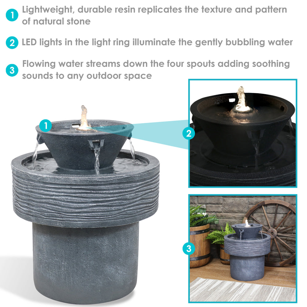 Sunnydaze Tranquil Streams Resin Outdoor 2-Tier Water Fountain with Lights Image 2