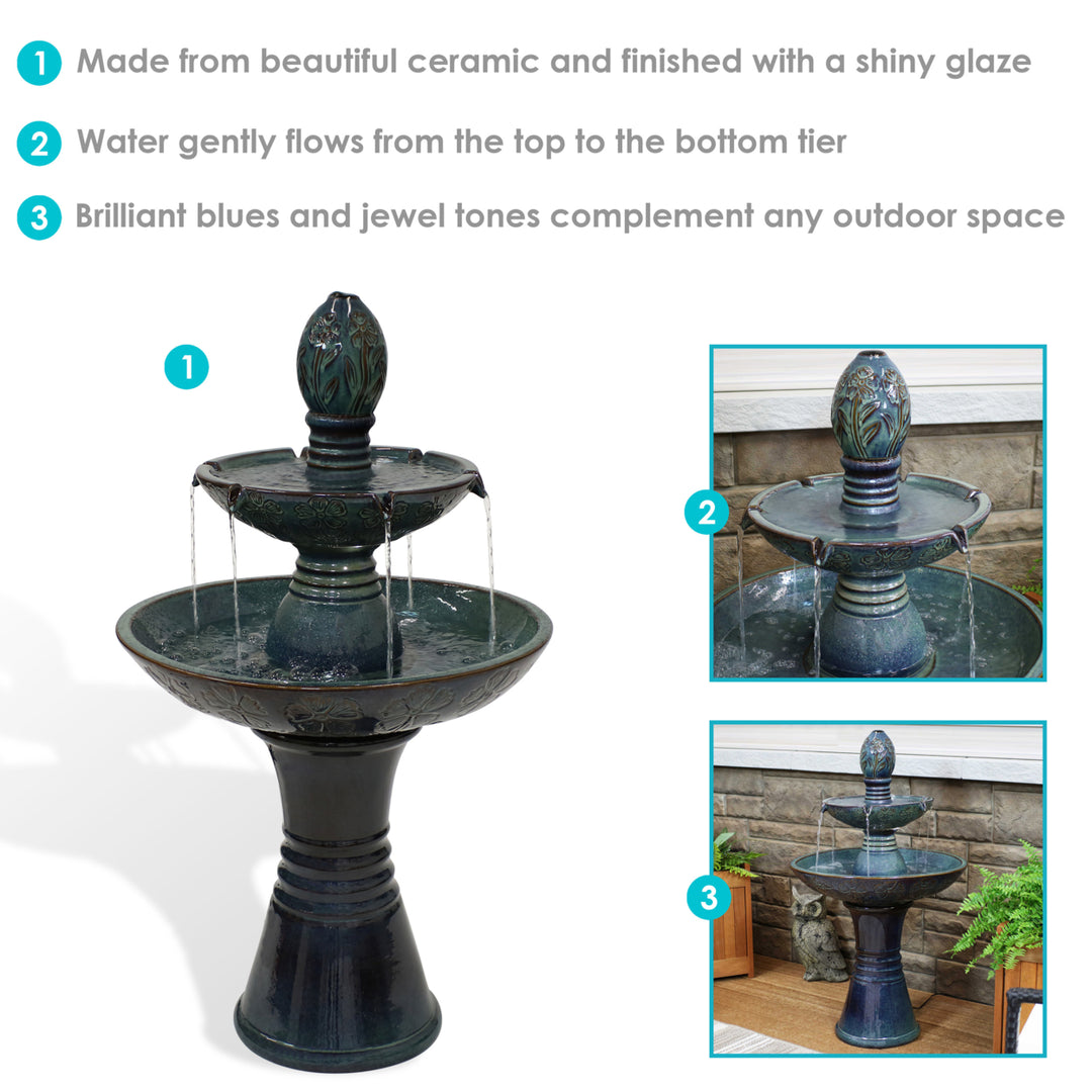 Sunnydaze Double Tier Ceramic Outdoor 2-Tier Water Fountain with Lights Image 2