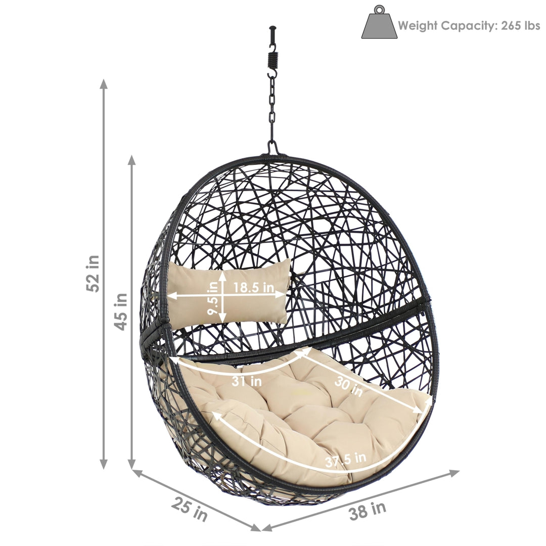 Sunnydaze Black Resin Wicker Round Hanging Egg Chair with Cushions - Yellow Image 3