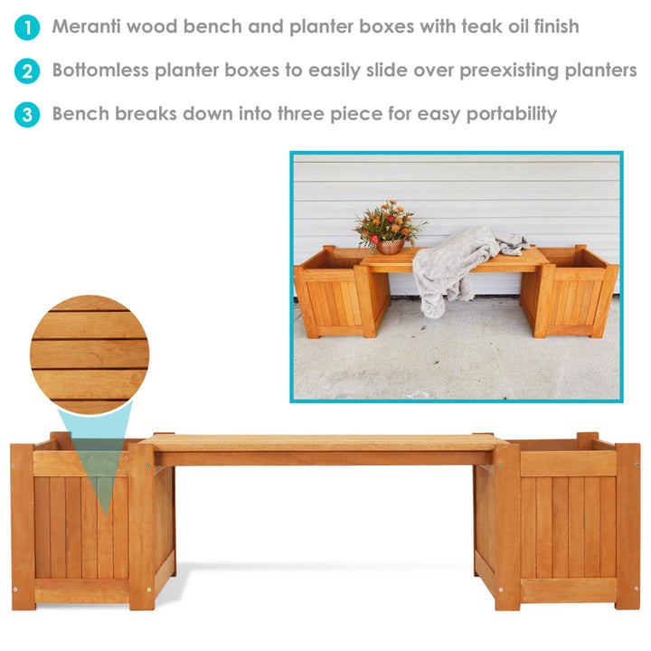 Sunnydaze Meranti Wood Outdoor Bench with Planter Boxes Image 2