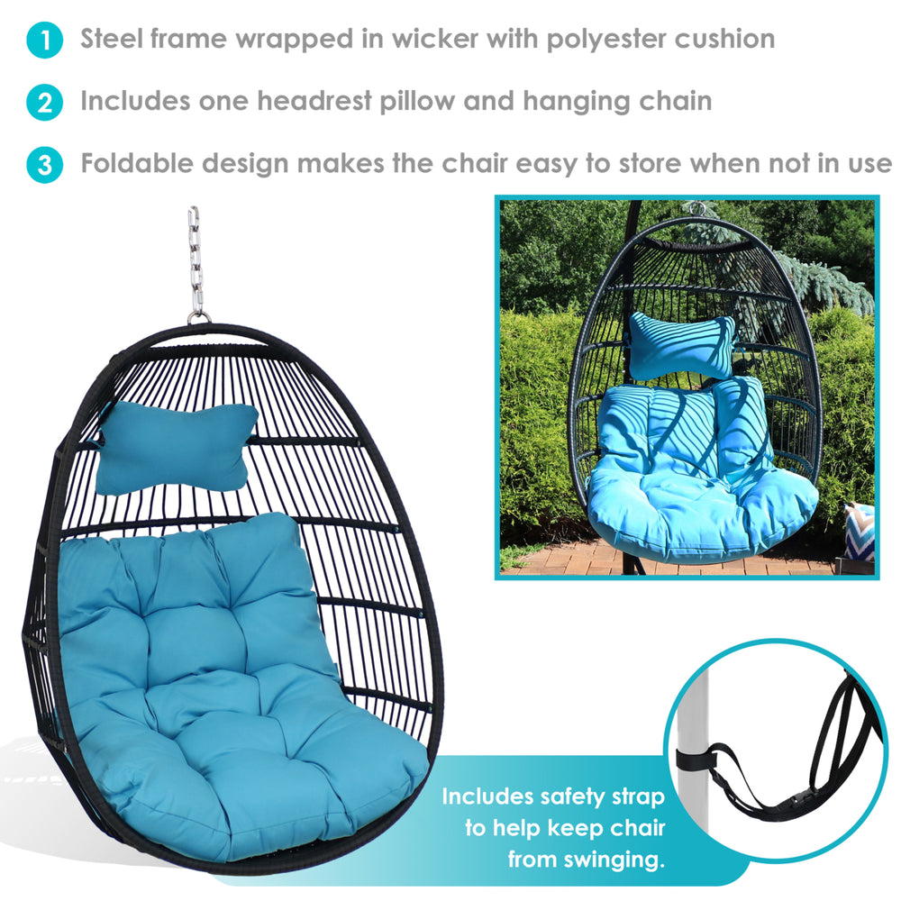 Sunnydaze Black Polyethylene Wicker Hanging Egg Chair with Cushions - Blue Image 2