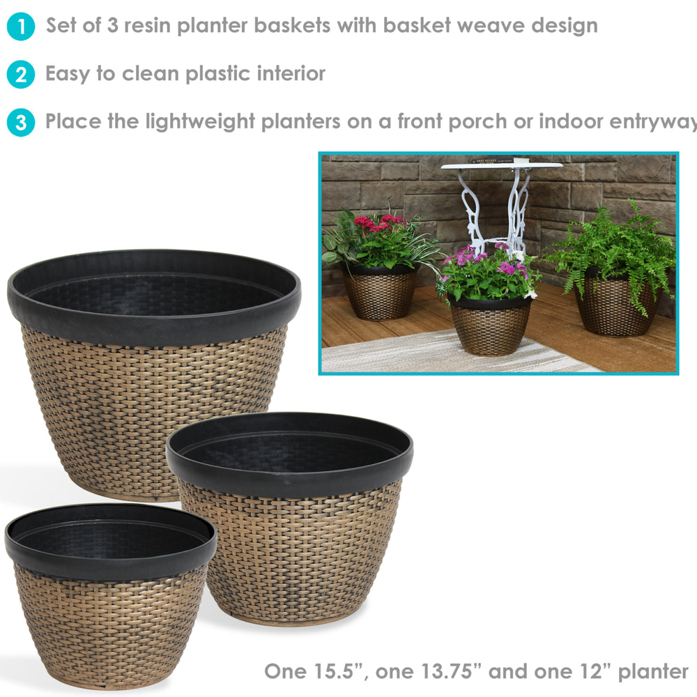 Sunnydaze Resin Basketweave Outdoor Planter 12 in, 13 in, 15 in - Set of 3 Image 2