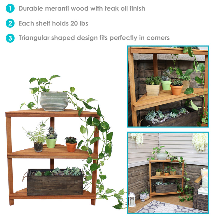 Sunnydaze Meranti Wood/Teak Oil Finish 3-Tier Corner Plant Stand - 36 in Image 2