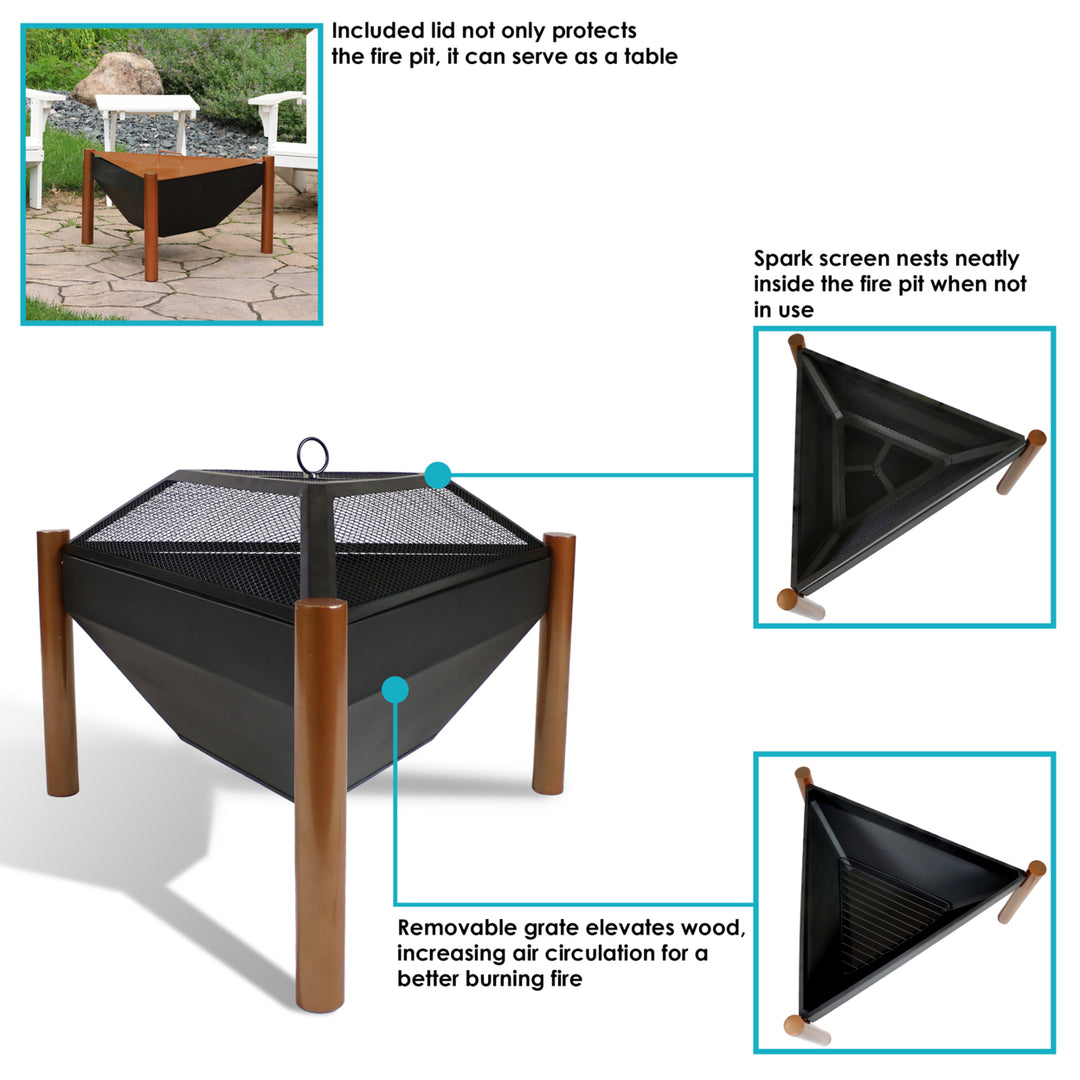 Sunnydaze 31 in Triangle Steel Fire Pit Table with Grate, Poker, and Screen Image 2