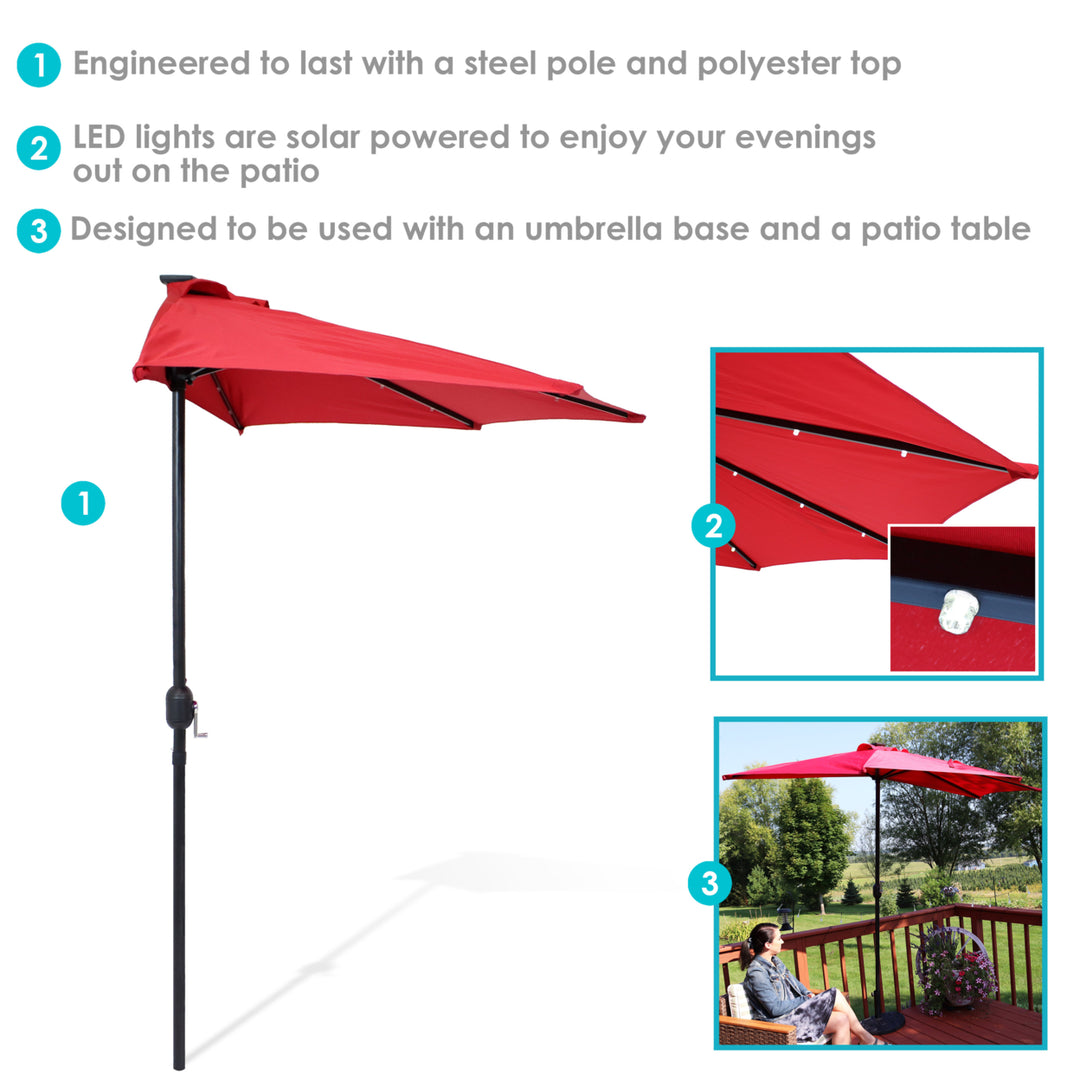 Sunnydaze 9 ft Solar Steel Half Patio Umbrella with Crank - Red Image 4