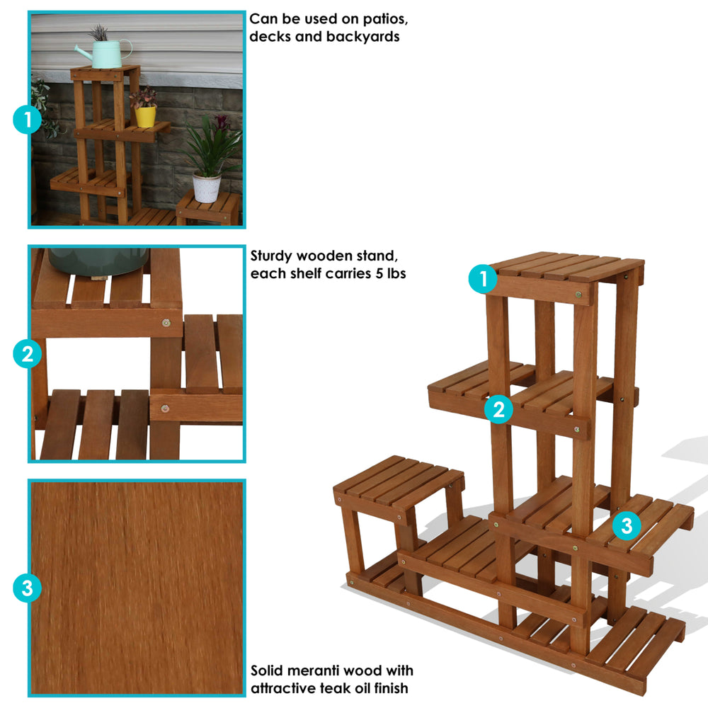 Sunnydaze Meranti Wood Multi-Shelf Plant Stand with Teak Oil Finish - 36 in Image 2