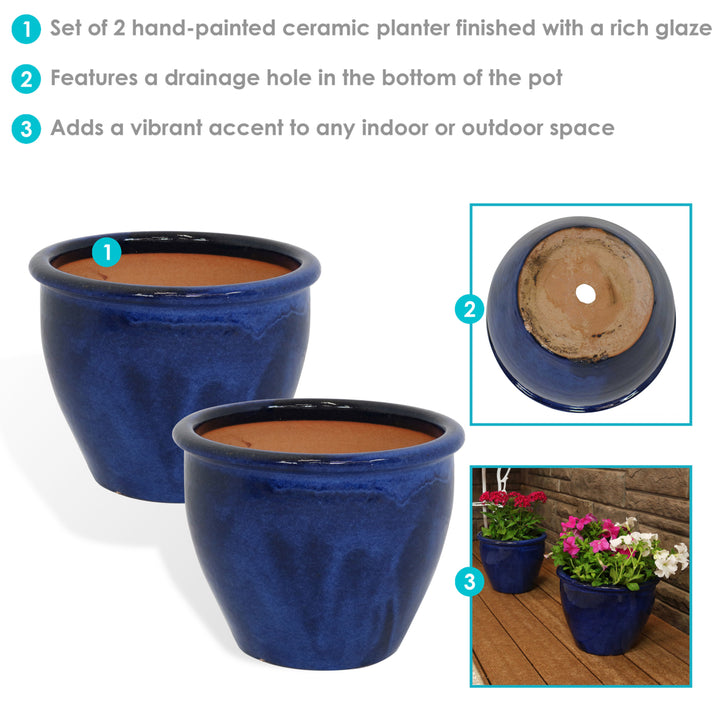 Sunnydaze 12 in Chalet Glazed Ceramic Planter - Imperial Blue - Set of 2 Image 2