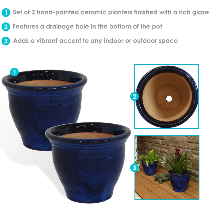 Sunnydaze 9 in Studio Glazed Ceramic Planter - Imperial Blue - Set of 2 Image 2