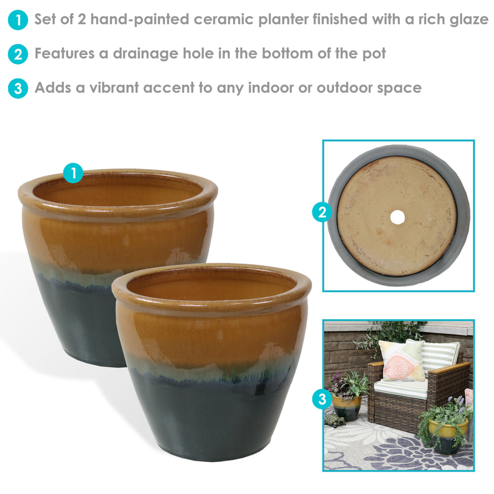 Sunnydaze 12 in Chalet Glaze Ceramic Planter - Forest Lake Green - Set of 2 Image 2