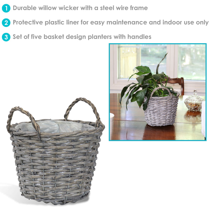 Sunnydaze 8 in Rattan Wicker Basket Planters with Handles/Lining - Set of 5 Image 2