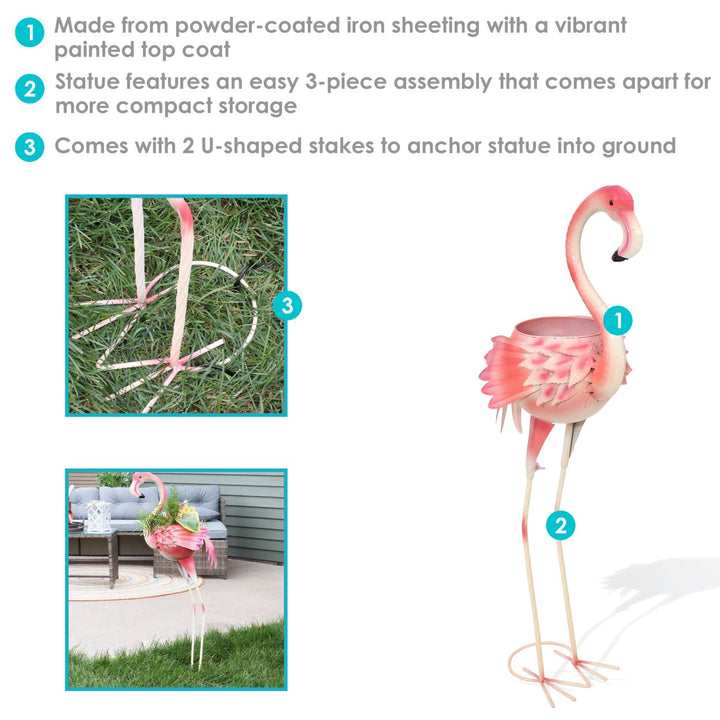 Sunnydaze Iron Sheet Pink Flamingo Outdoor Statue with Flowerpot - 36 in Image 2