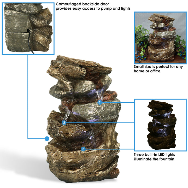 Sunnydaze Tiered Rock and Log Indoor Water Fountain with LEDs - 10.5 in Image 4