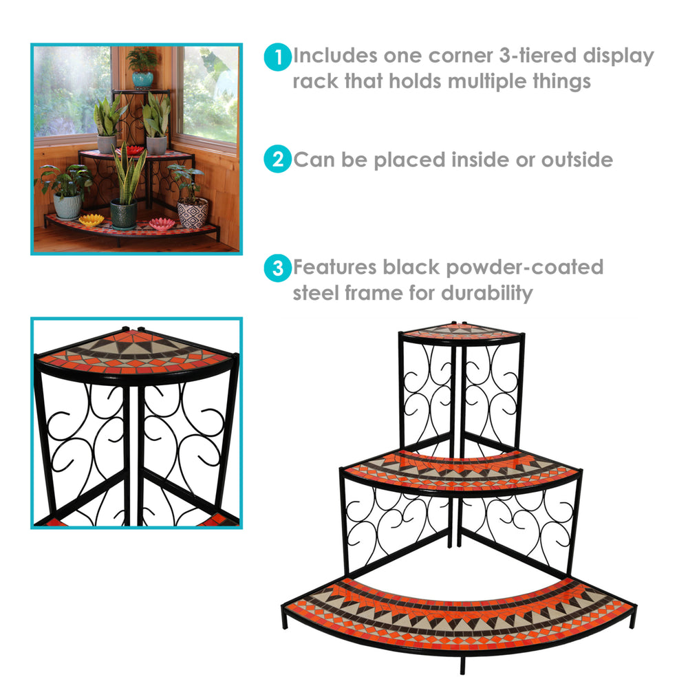 Sunnydaze Black Steel/Orange Mosaic 3-Tier Step Corner Plant Stand - 40 in Image 2