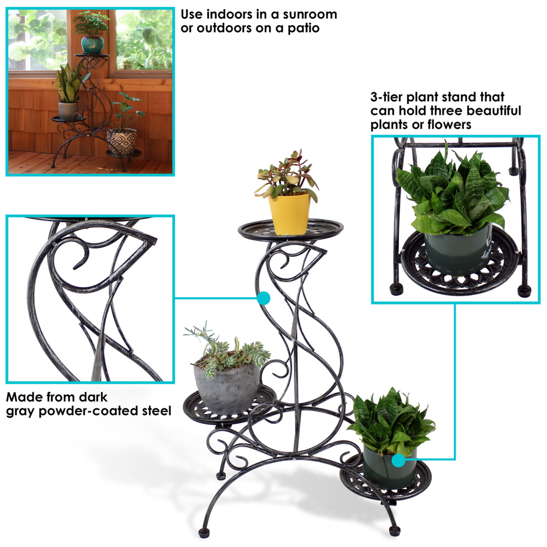 Sunnydaze Dark Gray Steel 3-Tier Victorian Staggered Plant Stand - 31.5 in Image 2