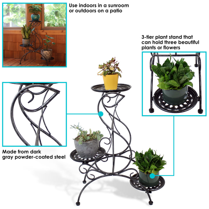 Sunnydaze Dark Gray Steel 3-Tier Victorian Staggered Plant Stand - 31.5 in Image 2