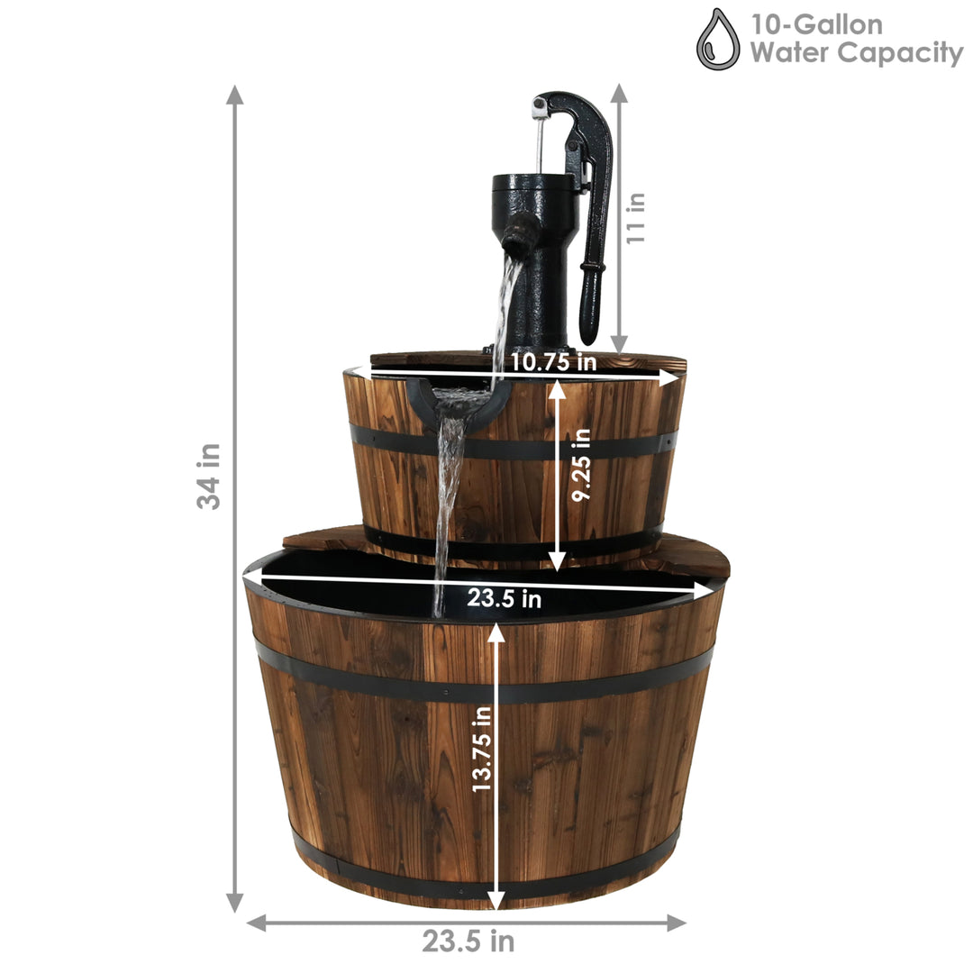 Sunnydaze Rustic 2-Tier Wood Barrel Water Fountain with Hand Pump - 34 in Image 3