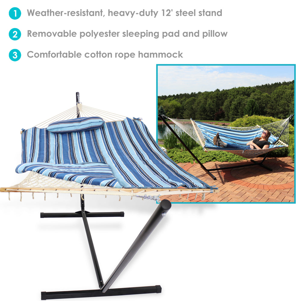 Sunnydaze Large Rope Hammock with Steel Stand and Pad/Pillow - Misty Beach Image 2